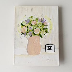 Channel theme floral pink‎ roses acrylic painting size 9"x12"